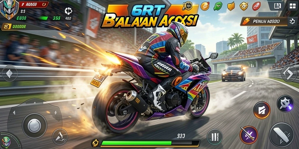 Screenshot gameplay 6RT menampilkan balapan motor yang mendebarkan.