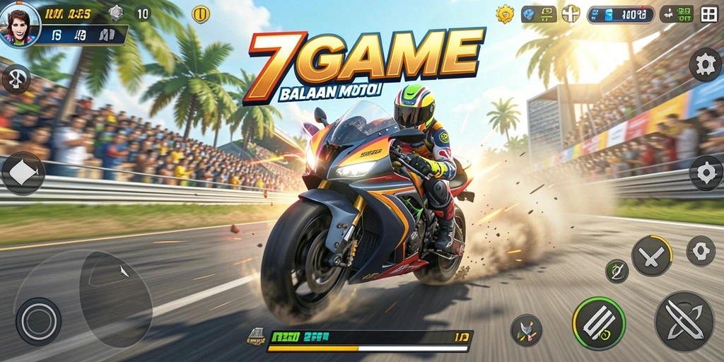 Screenshot gameplay 7GAME menampilkan balapan motor yang mendebarkan.