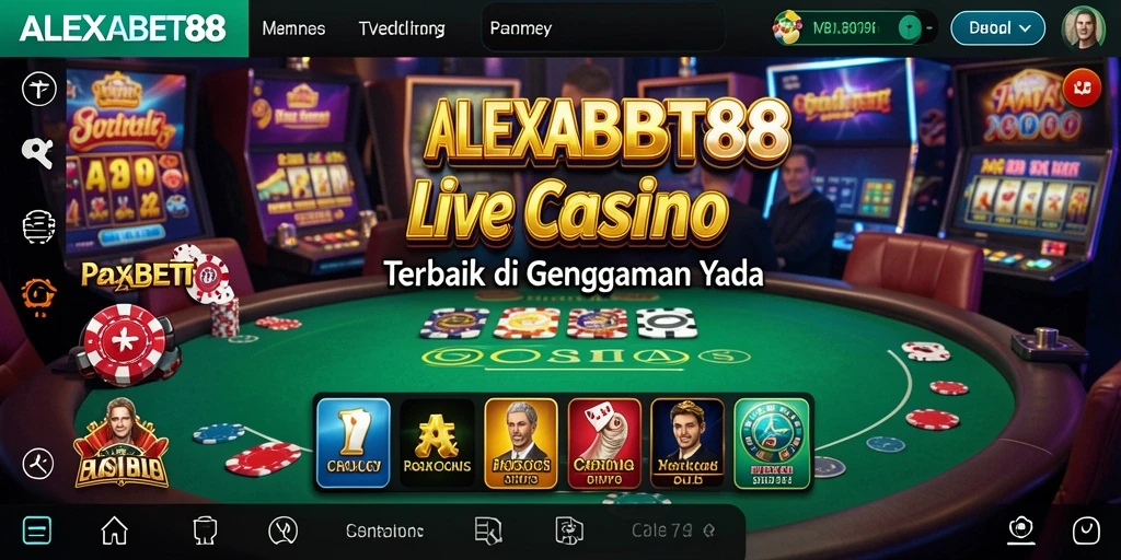 Screenshot ALEXABET88 menampilkan dealer yang ramah dan suasana kasino yang hidup.