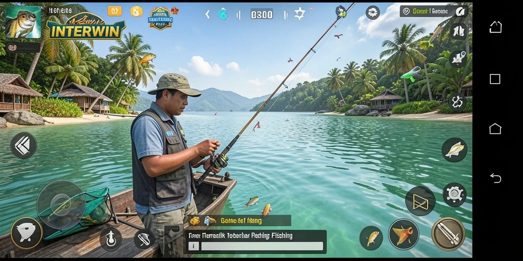 Screenshot utama INTERWIN menampilkan aksi seru memancing di lokasi indah.