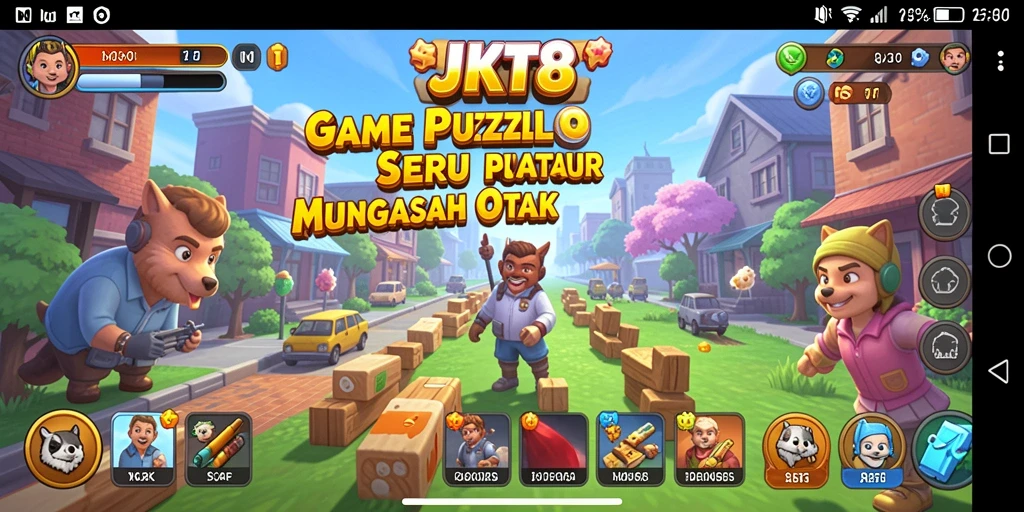 Screenshot utama JKT8 menampilkan gameplay Puzzle yang penuh warna.