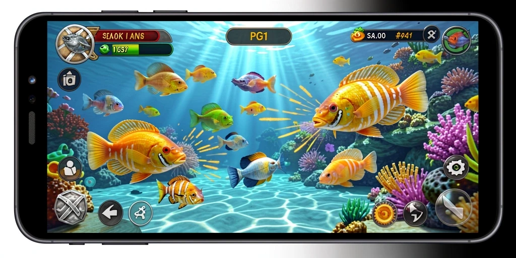 Screenshot gameplay PG11 menampilkan aksi seru menangkap ikan.