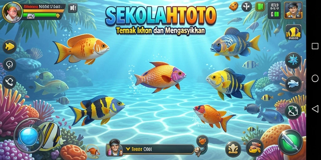 Tampilan gameplay <strong>SEKOLAHTOTO</strong> dengan berbagai ikan yang menari-nari.