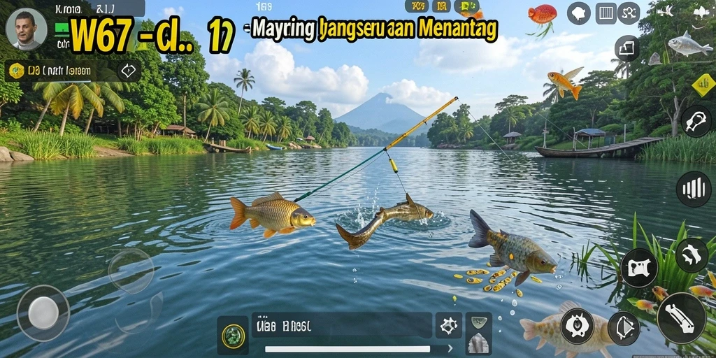 Screenshot gameplay W67 menunjukkan pengalaman memancing yang realistis dan mendebarkan.